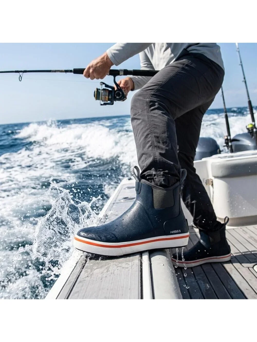 Men's Navy Ankle Deck Waterproof Rubber Neoprene Fishing Non-Slip Rain Boots